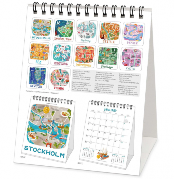 Kalender dengan ilustrasi kota-kota dunia